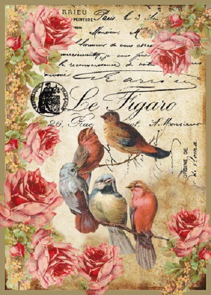 Рисовая бумага для декупажа Stamperia DFSA4034 Птицы и розы, формат А4, купить- магазин АртДекупаж